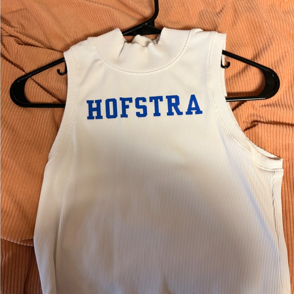 White Sleeveless Top with Blue HOFSTRA Print